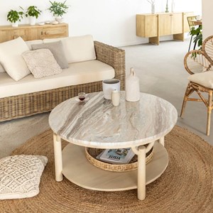 Table basse ronde en manguier et marbre