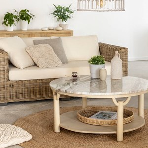 Table basse ronde en manguier et marbre