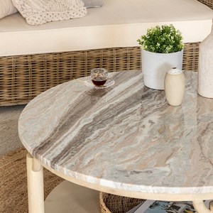 Table basse ronde en manguier et marbre