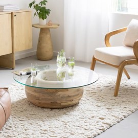 Table basse bois de manguier et verre