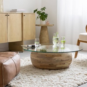 Table basse bois de manguier et verre