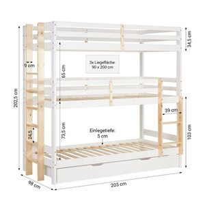 Lit superposé 90x200 blanc 3 places