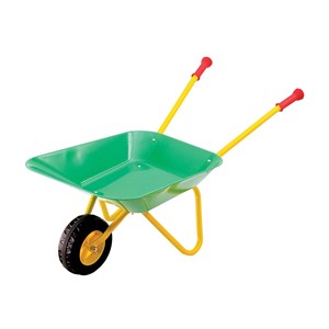 Brouette en métal, vert et jaune