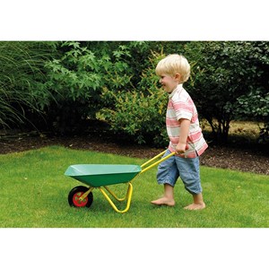 Brouette en métal, vert et jaune