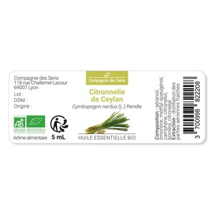 Citronnelle de ceylan - huile essentielle bio - 5ml garantie chromacert® - chémo