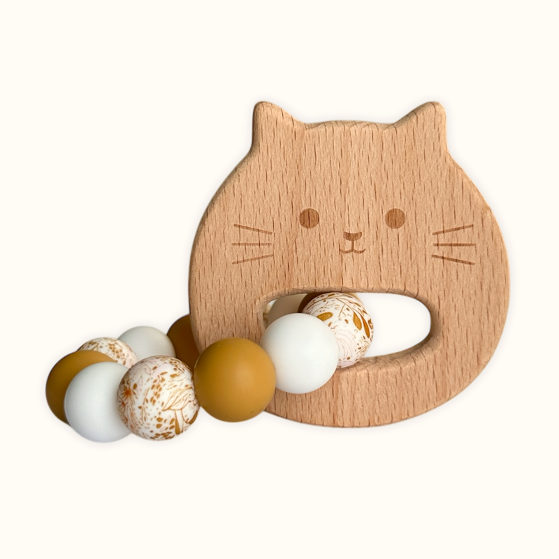 Hochet bois et silicone chat