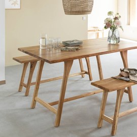 Lot table haute + 2 bancs en acacia