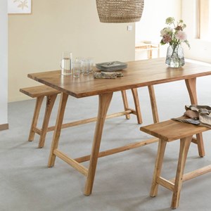 Lot table haute + 2 bancs en acacia