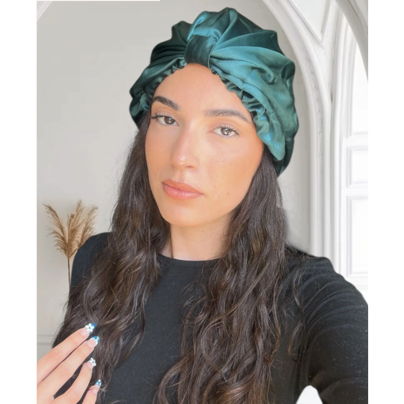 Bonnet de nuit en soie vert minuit