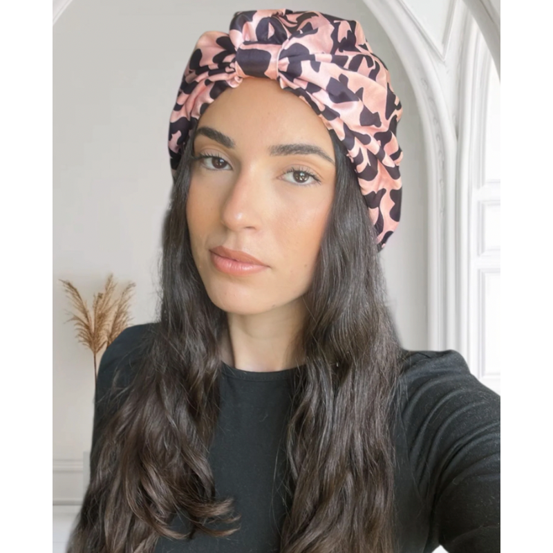 Bonnet de nuit en soie élastique léopard