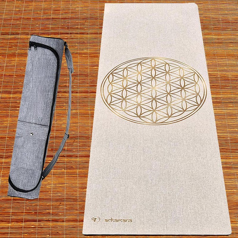 Tapis yoga chanvre fleur de vie or + sac