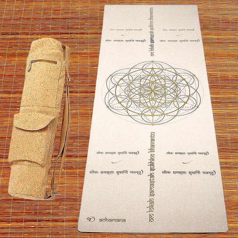 Tapis yoga chanvre mantra or + sac liège