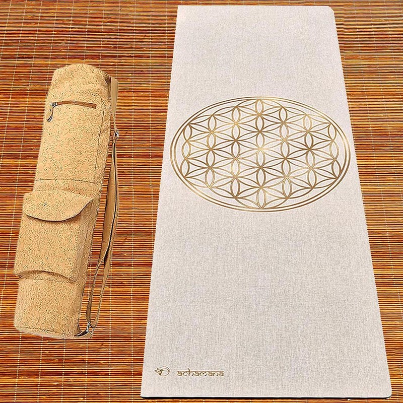 Tapis yoga chanvre fleur-vie + sac-liège