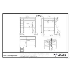 Vipack pino lit mezzanine 140x200 blanc