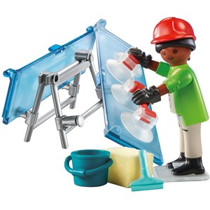 Vitrier avec deux vitres, seau et access