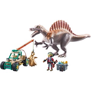 Spinosaure, chercheur et véhicule à grue