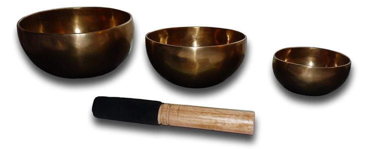 Set 3 bols chantants tibétains + bâton