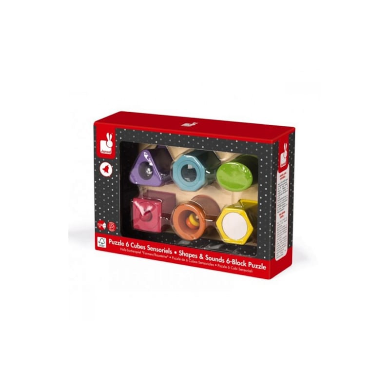 Puzzle 6 cubes sensoriels bois (Juratoys-Janod) - Image 1