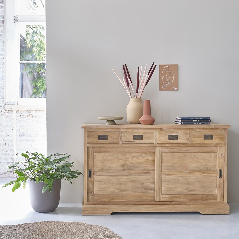 Berah Getah - Buffet bois de teck 4 tiroirs 2 portes