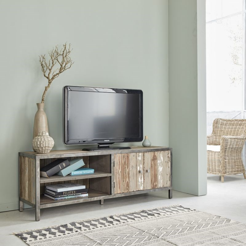 BOIS DESSUS BOIS DESSOUS - Meuble tv pin recyclé et métal 2 portes