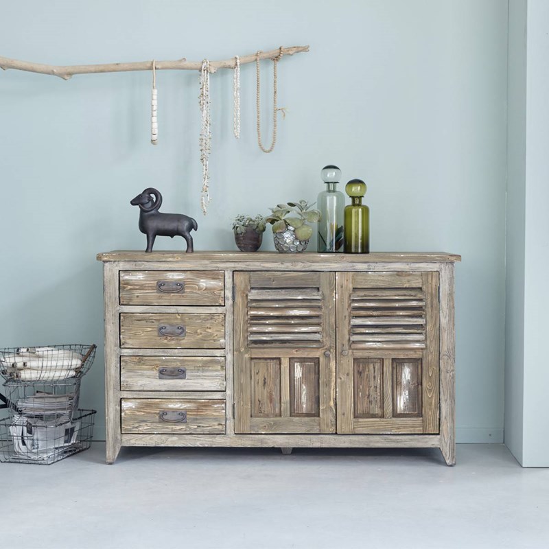 Berah Getah - Buffet pin recyclé 2 portes 4 tiroirs