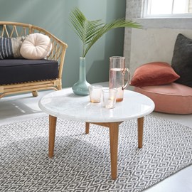 Table basse ronde marbre blanc et teck