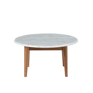 Table basse ronde marbre blanc et teck