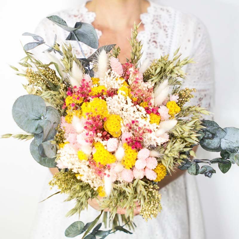 Bouquet de fleurs séchées rose et jaune