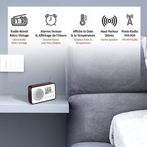 Radio réveil vintage 60's, lcd, fm, alarme, 19,2x12,5 cm
