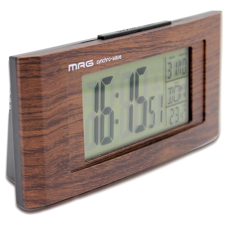 Réveil radio-piloté design imitation bois avec écran lcd rétroéclairé -