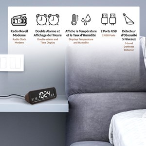 Radio réveil 5 sons nature, 2 alarmes, fm, 22x7 cm