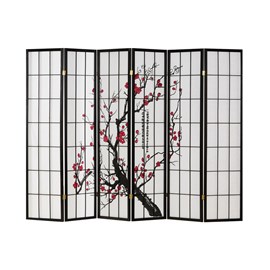 Paravent bois 6 pans noir shoji fleurs