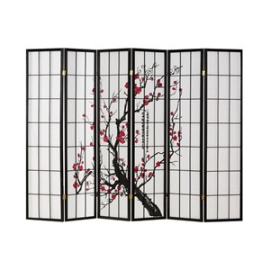 Paravent bois 6 pans noir shoji fleurs
