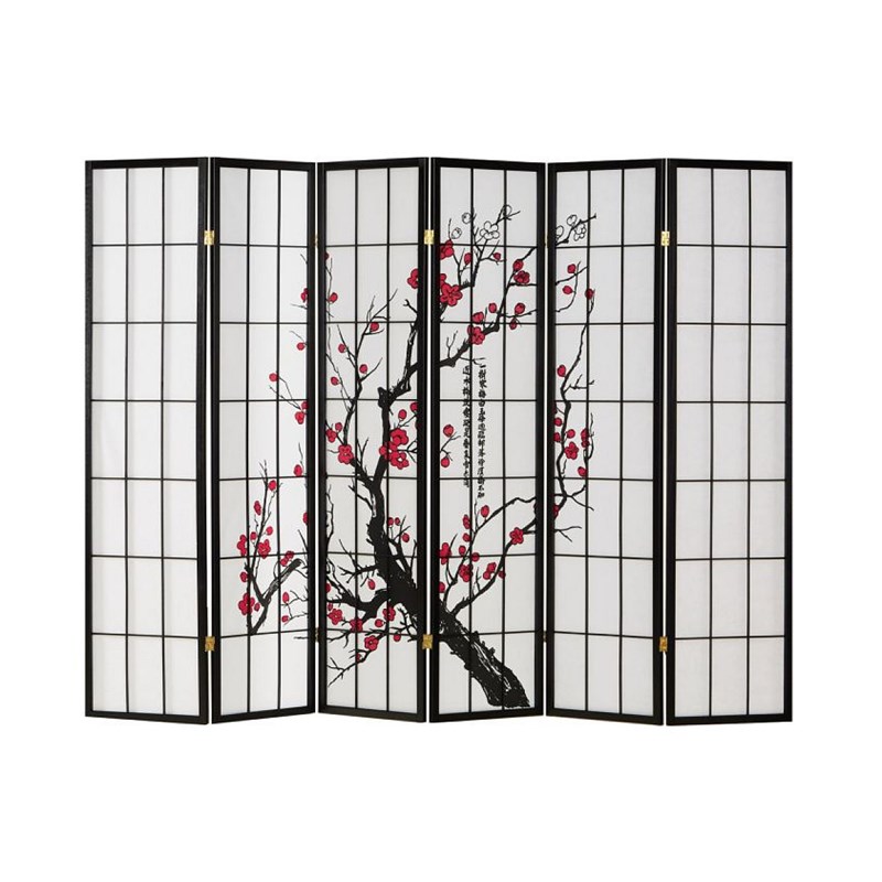 Paravent bois 6 pans noir shoji fleurs