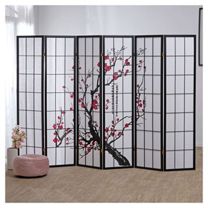 Paravent bois 6 pans noir shoji fleurs