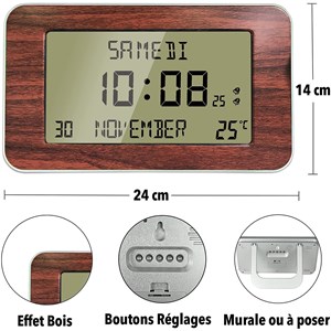 Horloge réveil numérique - heure, date, température - design bois élégant