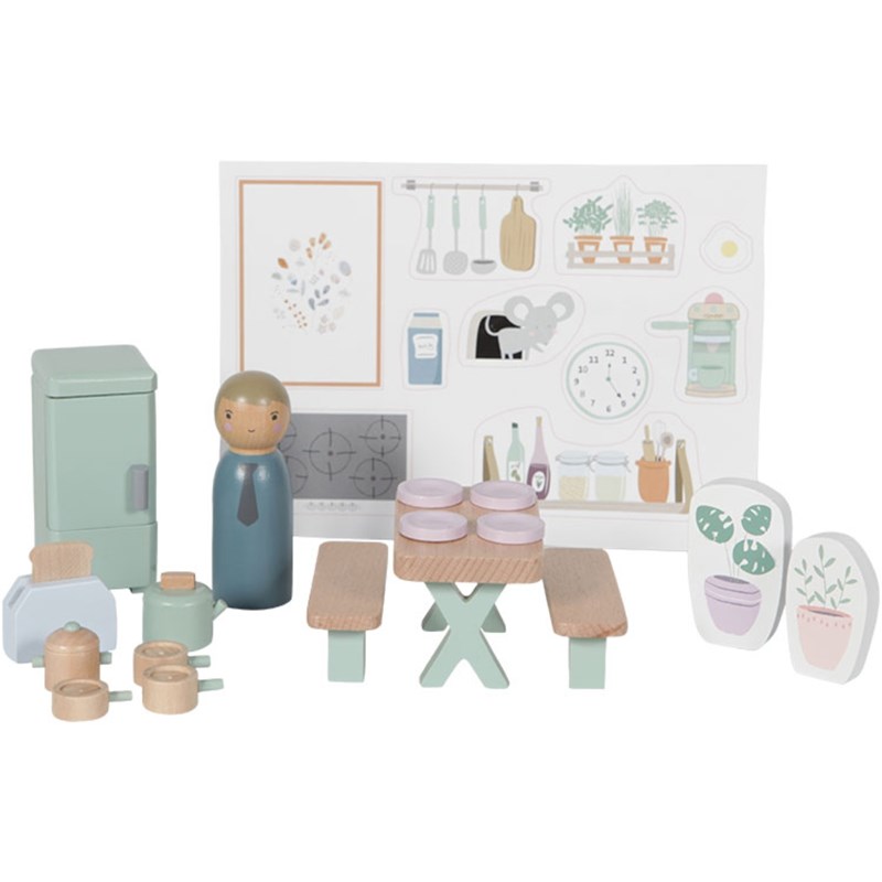 Cuisine et accessoires en bois pour maison de poupées