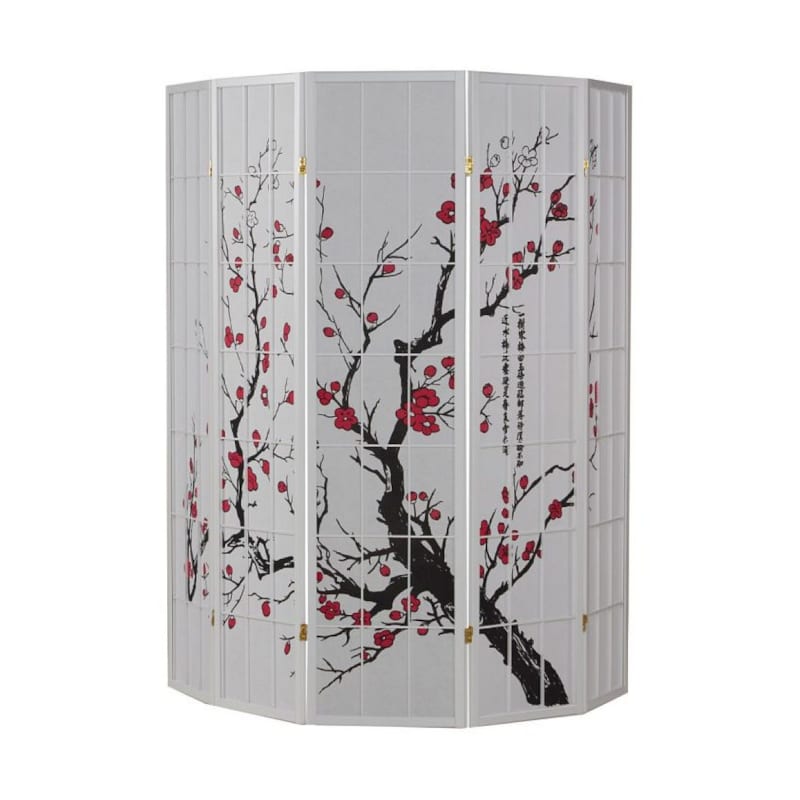 Paravent bois 5 parties avec fleur de cerisier blanc