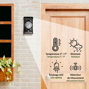 Lampe led solaire noire 28 led, détecteur mouvement, thermomètre