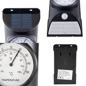 Lampe led solaire noire 28 led, détecteur mouvement, thermomètre