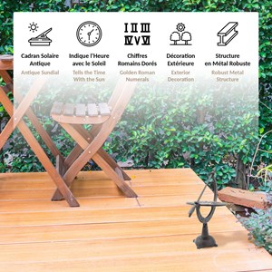 Cadran solaire fer forgé 32x15 cm, décoratif, jardin