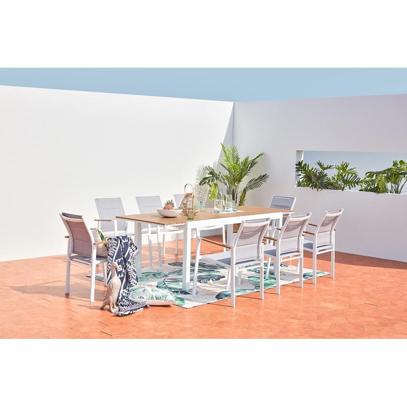 Tijuana salon de jardin 8 places aluminium blanc et bois