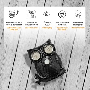 Applique extérieure hibou ip44 détecteur mouvement yeux led orientables