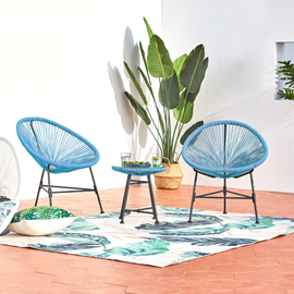 Acapulco salon de jardin 2 fauteuils ronds et table basse bleu