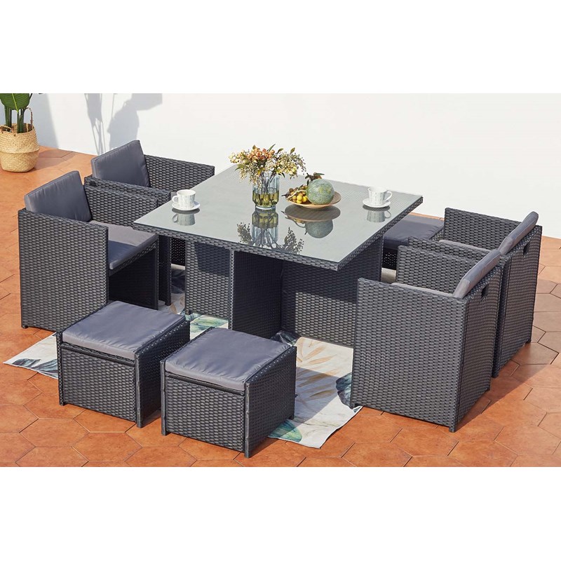 Concept Usine - Miami table et chaises 8 places encastrables en résine noir-gris