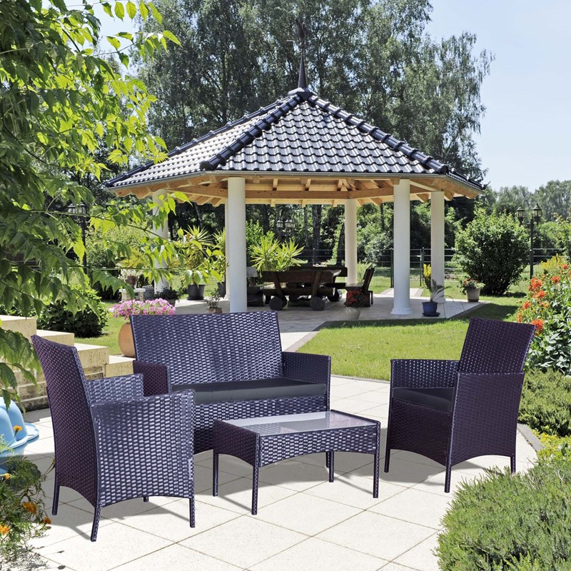 Mykonos salon de jardin 4 places en résine tressée noir et coussins noirs