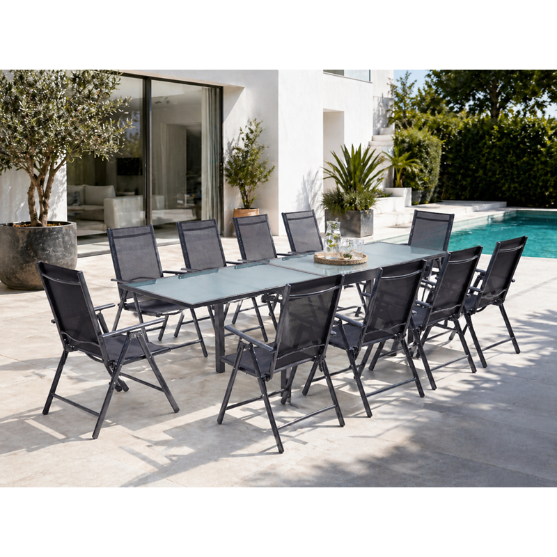 Brescia table de jardin extensible 10 fauteuils en alu et toile pvc