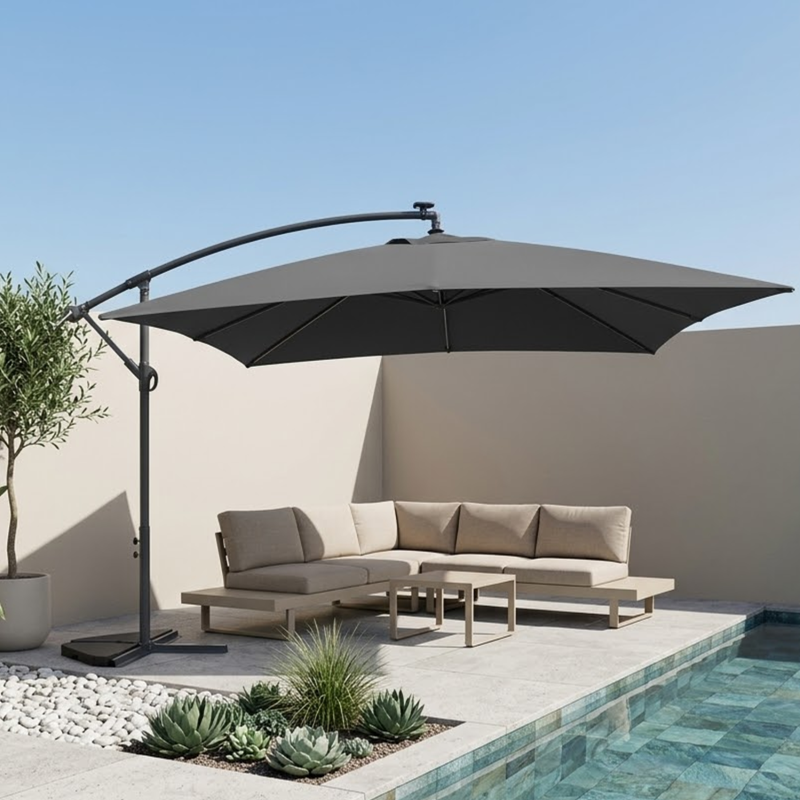 Solenzara parasol gris déporté carré 3 x 3 m led