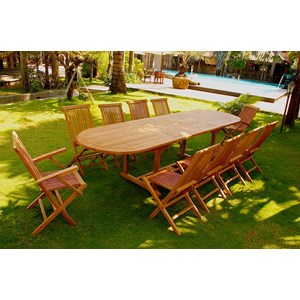 Kajang salon de jardin teck 12 places table ovale 8 chaises 2 fauteuils