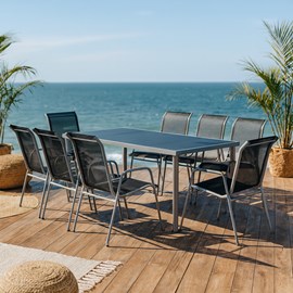 Lusiana table de jardin et 8 chaises en acier et toile pvc gris